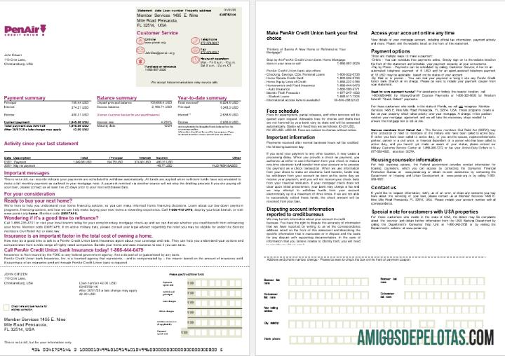 Extrato de hipoteca do banco PenAir Credit Union dos EUA, Flórida, em formatos Word e PDF, 2 páginas baixar para verificação